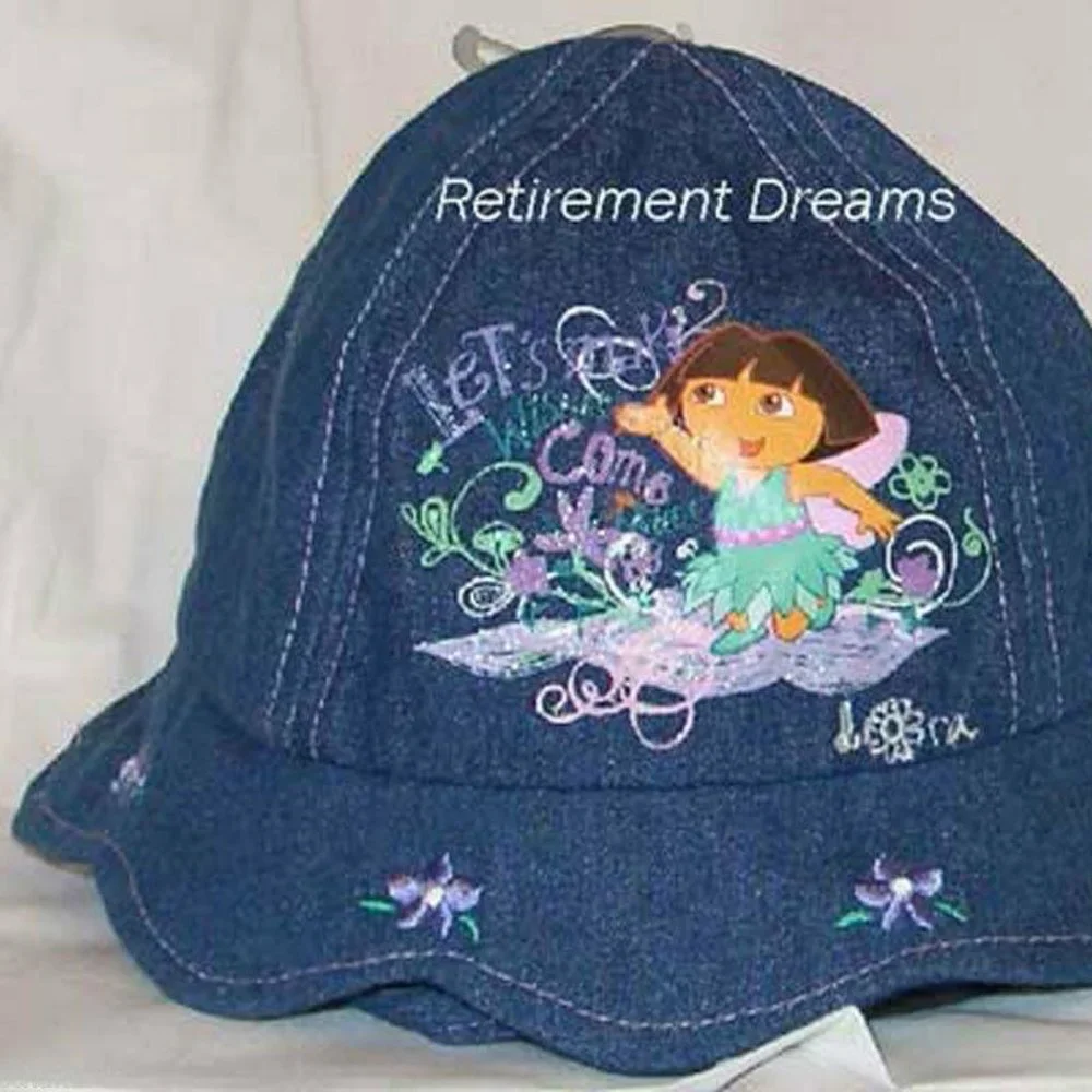 Dora the Explorer bucket hat cap NB Infant Denim Floral Blue Purple NEW